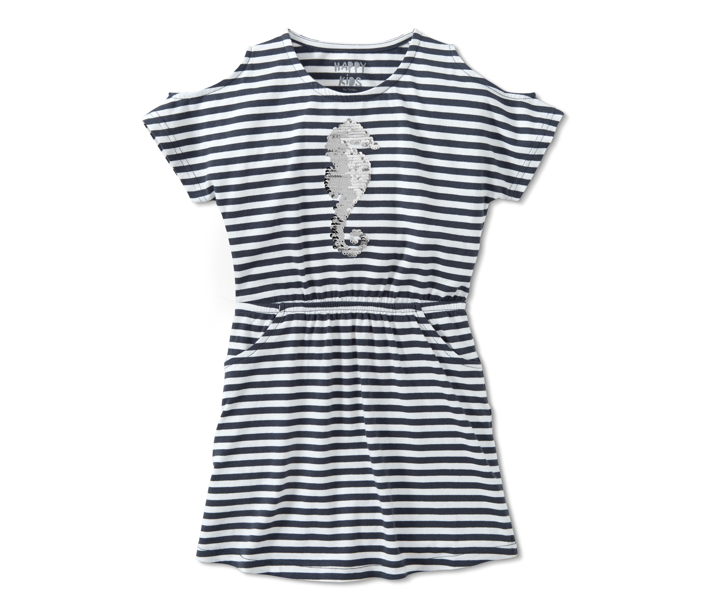 Dívčí žerzejové šaty s oboustrannými flitry a motivem mořského koníka, s modrými a bílými pruhy.