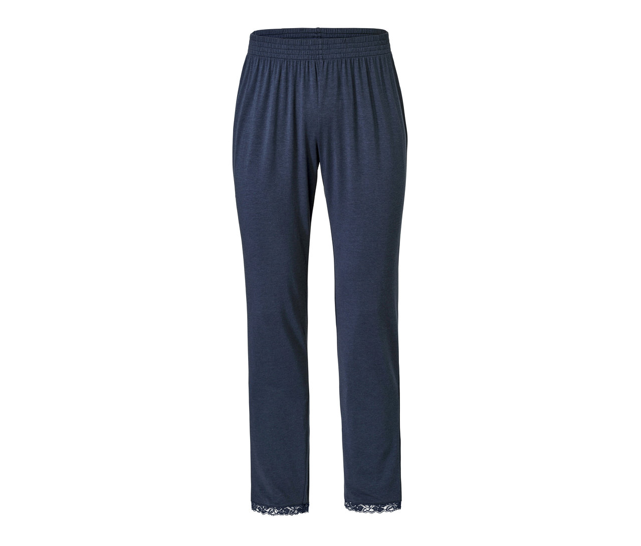 Tmavě modré pyžamové kalhoty s elastickým pasem a krajkou na lemu.