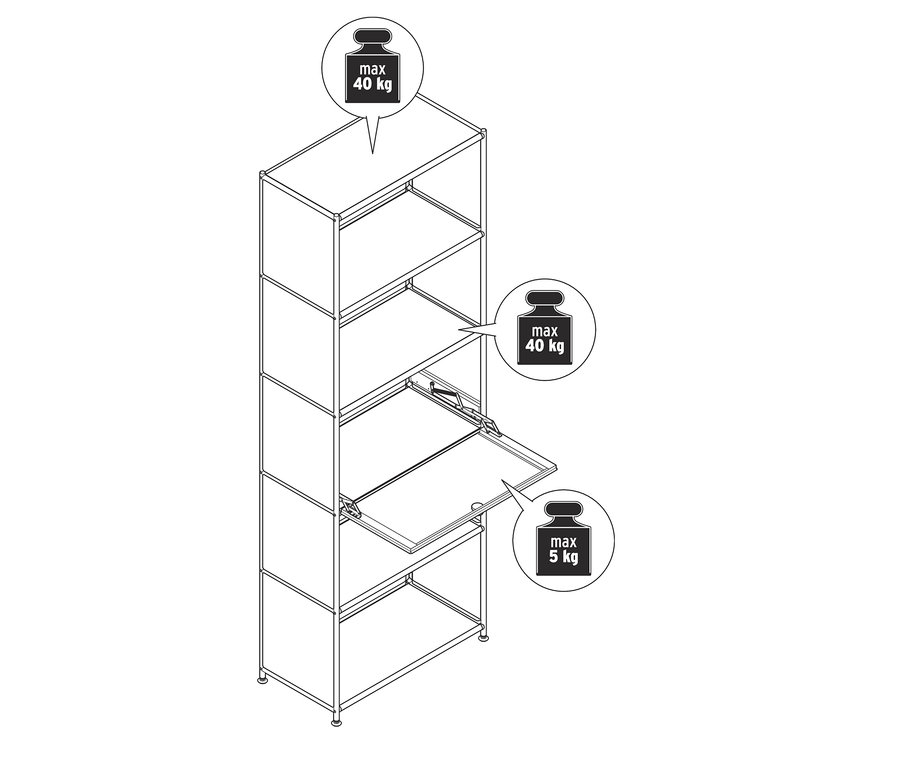 Nákres vysokého kovového regálu s výklopnými dvířky. Maximální zatížení horní police a police s výklopnými dvířky je 40 kg, spodní police 5 kg.
