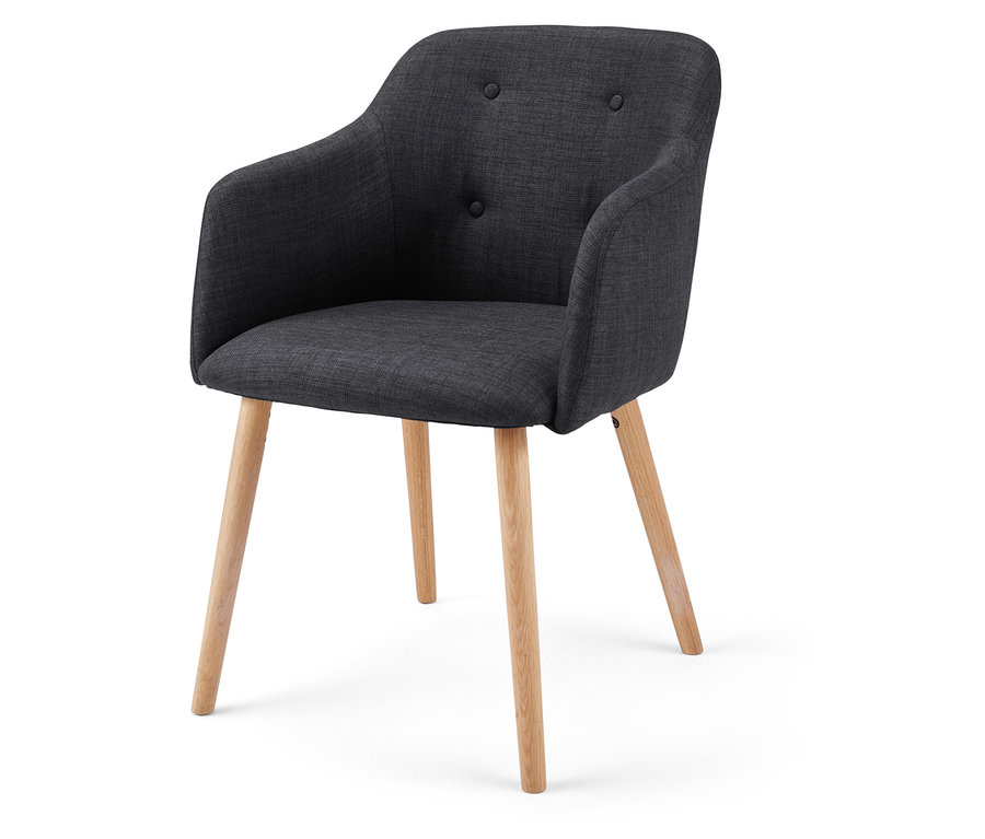 Antracitová polstrovaná židle s dřevěnýma nohama.