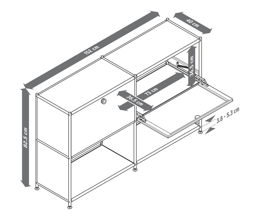 Schéma kovové odkládací skříňky CN3 se dvěma výklopnými dvířky a rozměry.
