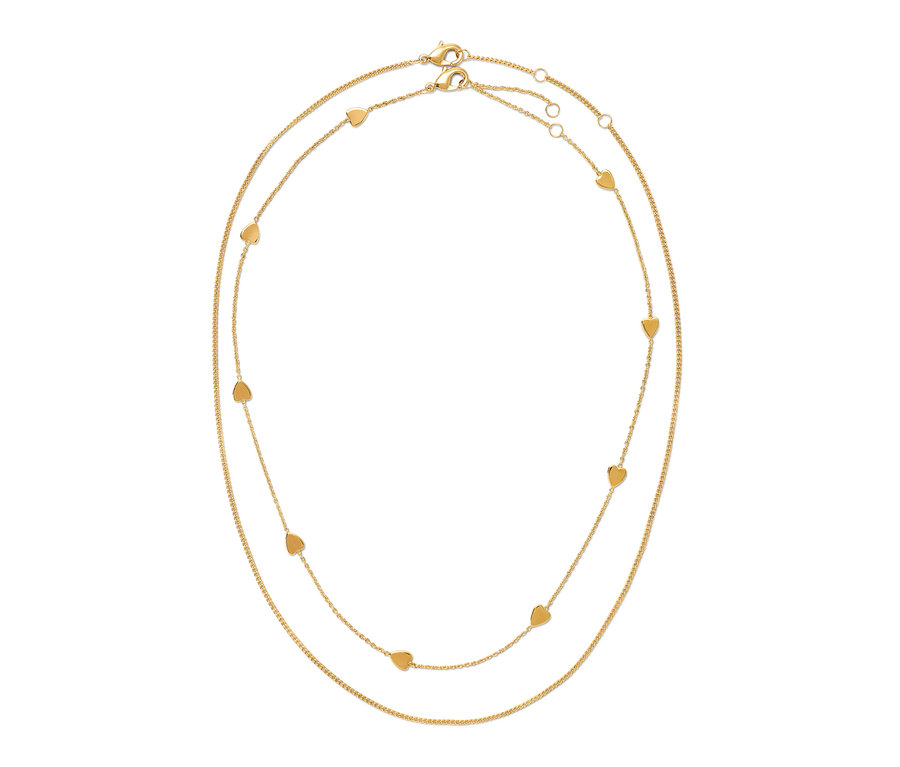Dva zlaté vrstvené náhrdelníky »Happy« na bílém pozadí.