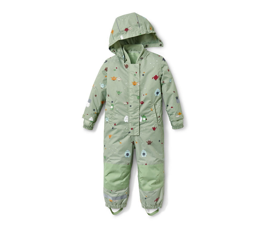 Zelená kombinéza do deště s kapucí a potiskem příšerek.