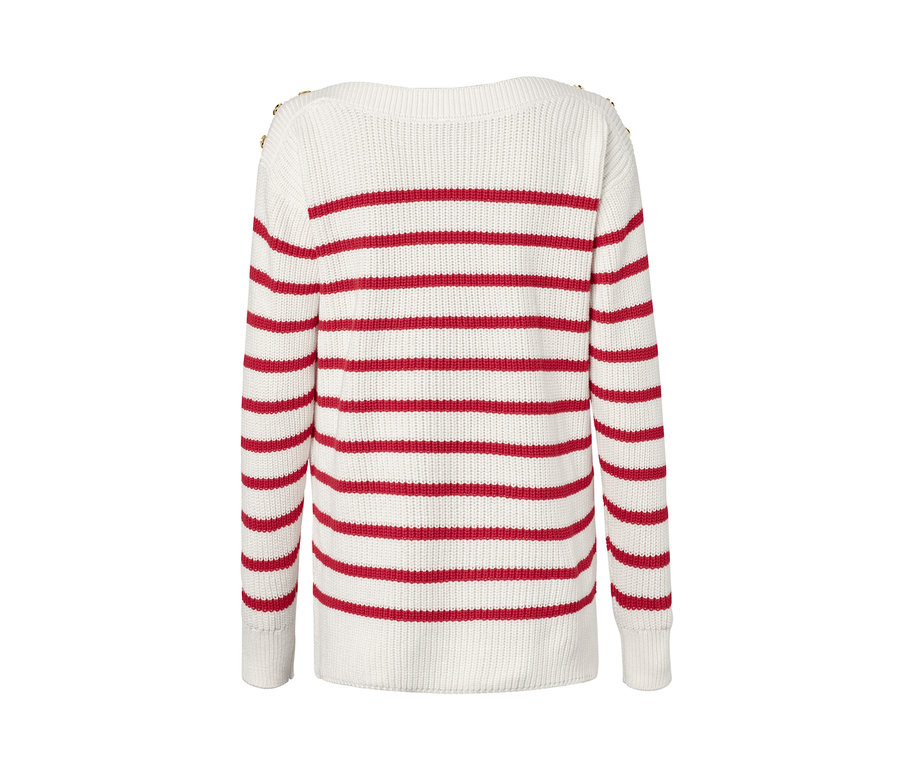 Bílý pletený svetr s červenými pruhy a knoflíky na ramenou.