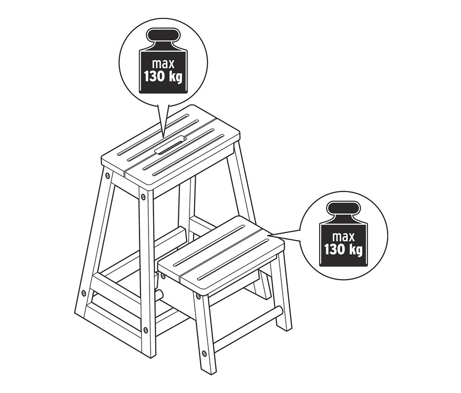 Náčrt dřevěné skládací stoličky se dvěma stupínky s maximální nosností 130 kg.