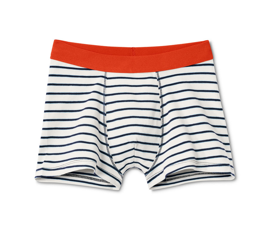Modré chlapecké boxerky se sedmi kusy v balení, s modrými pruhy a oranžovým pasem.
