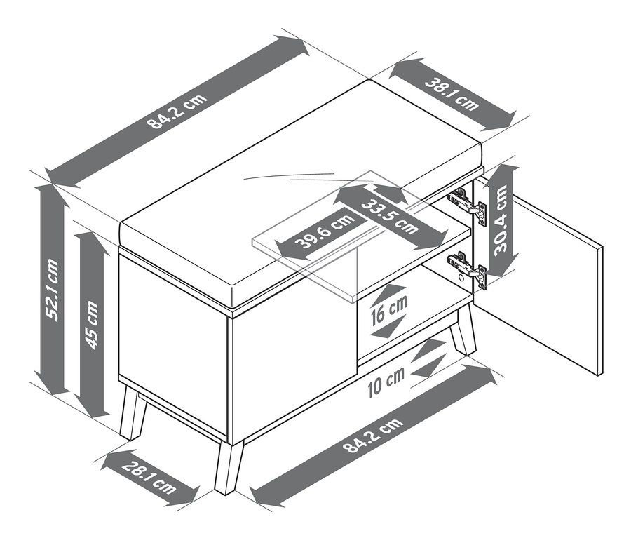 Rozměry lavice na sezení s úložným prostorem.