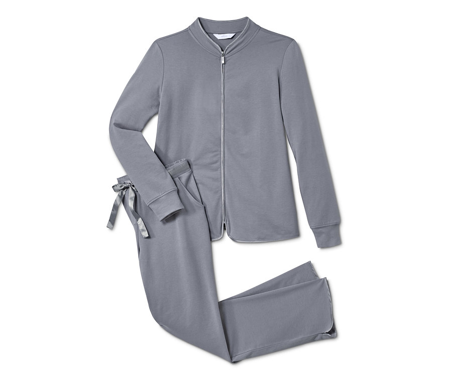 Šedá domácí souprava se zipem a stahovacími kalhotami.