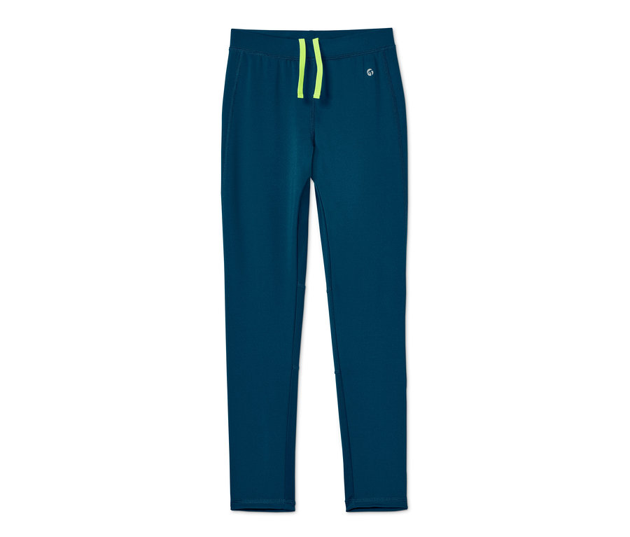 Dětské sportovní legíny s recyklovaného materiálu v modré barvě s neonově žlutou stahovací šňůrkou.