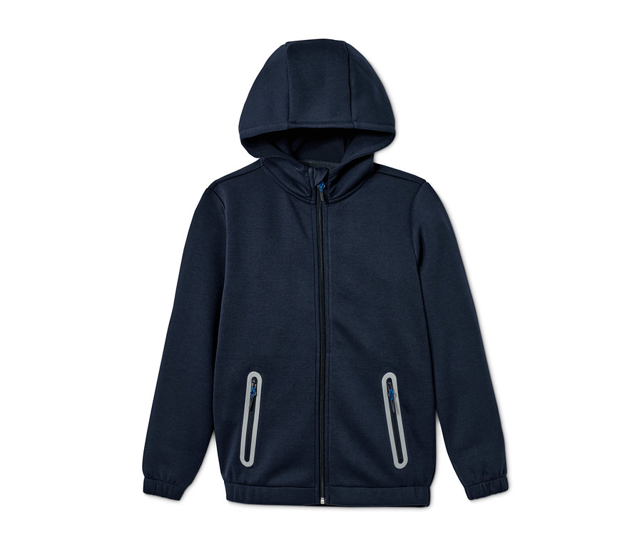 Tmavě modrá sportovní bunda s kapucí a zipem z recyklovaného materiálu.