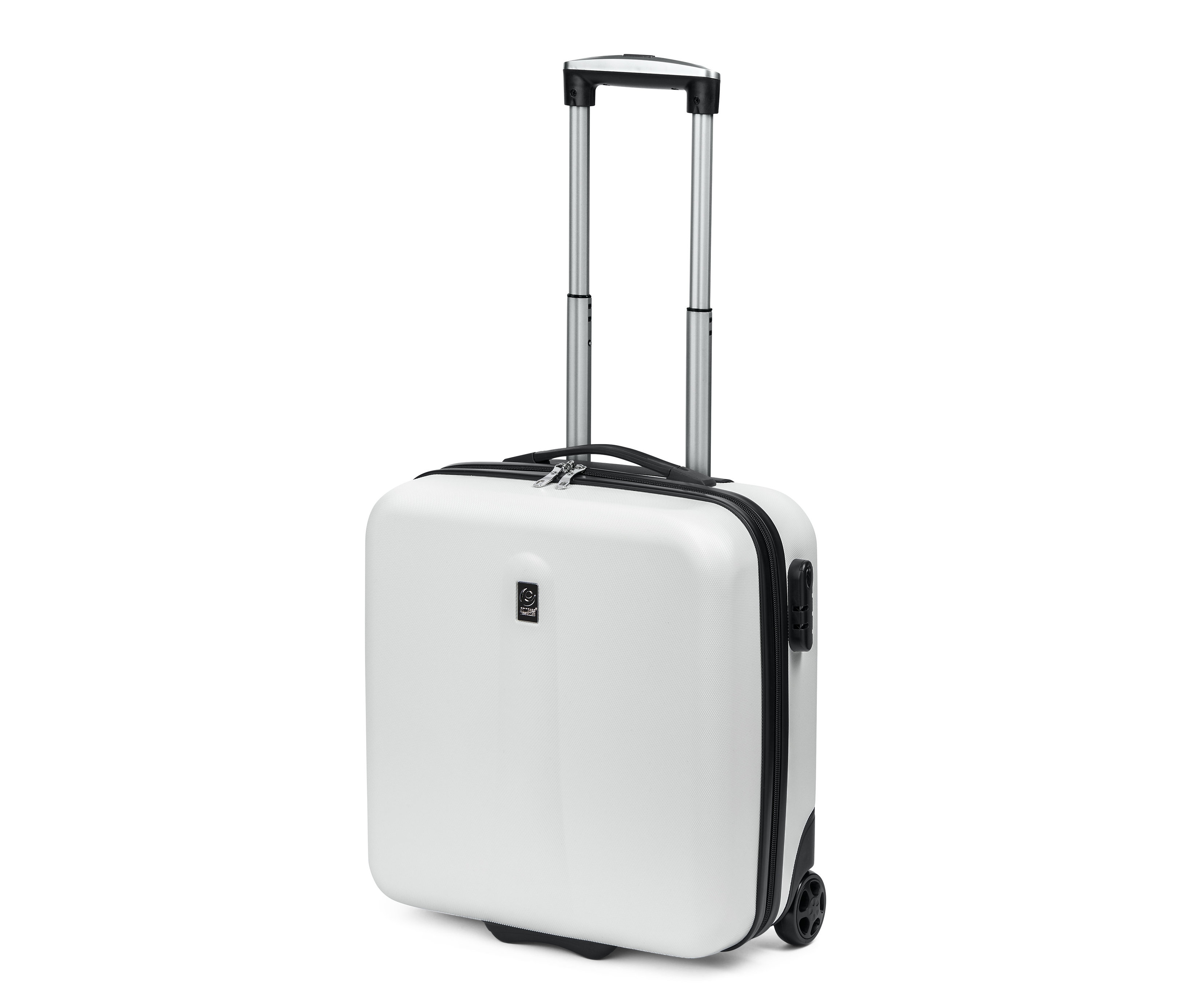 Bílý kufr na jízdní kolo se stříbrnou teleskopickou rukojetí.