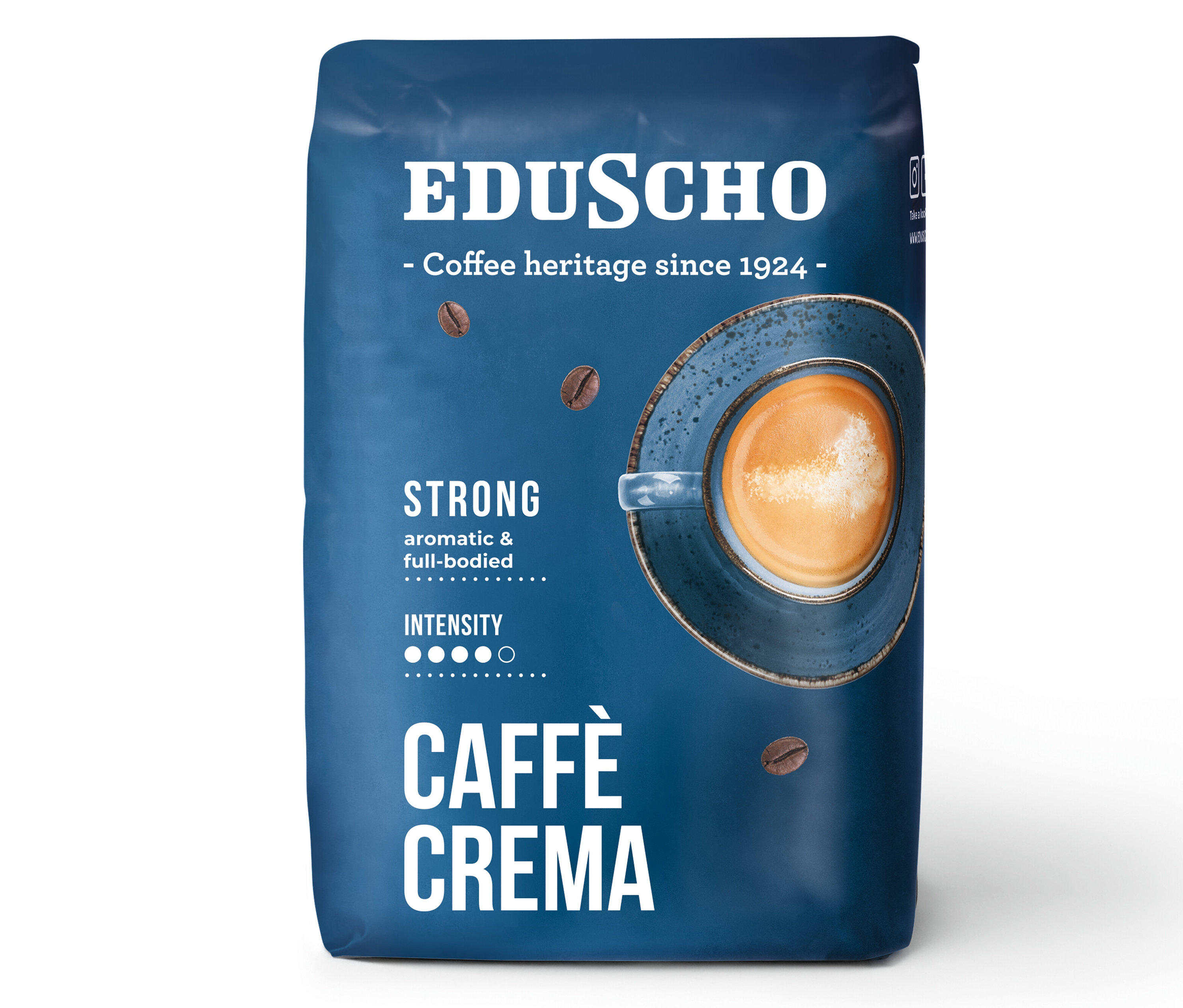 Modré balení zrnkové kávy Eduscho Caffè Crema Strong 500 g.