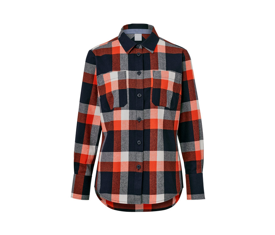 Kostkovaná halenka s dlouhými rukávy, kapsami a knoflíky.