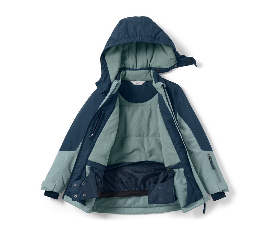 Rozepnutá dětská outdoorová a snowboardová bunda modré a světle modré barvy s kapucí.