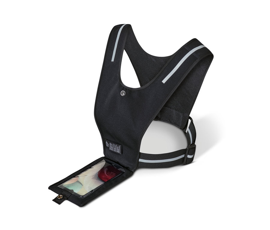 Černá běžecká vesta na smartphone s průhlednou kapsou na telefon.