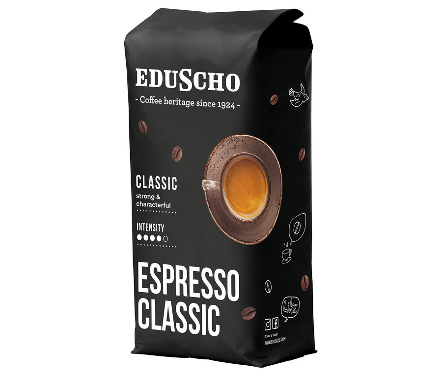 Černé balení zrnkové kávy EDU Espresso Classic 1 kg.