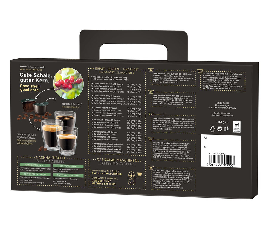 Balení 60 kapslí Cafissimo Favourites Collection mleté pražené kávy, balené v ochranné atmosféře.