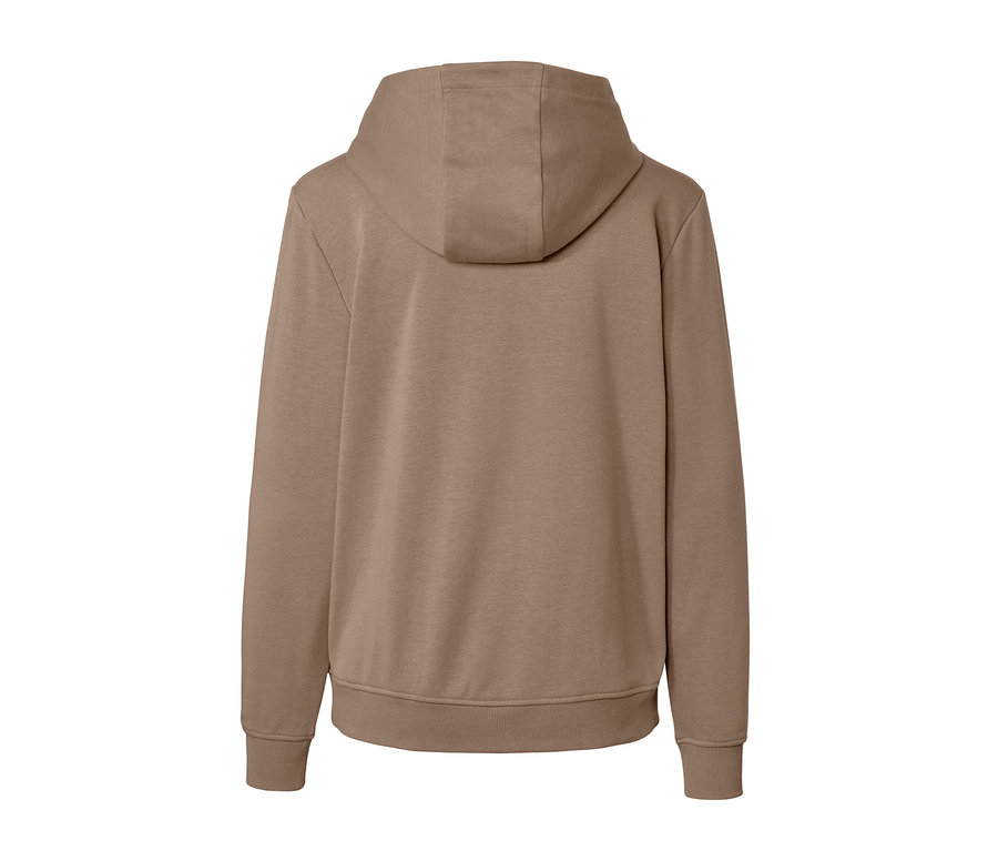Béžová mikina s kapucí zezadu.