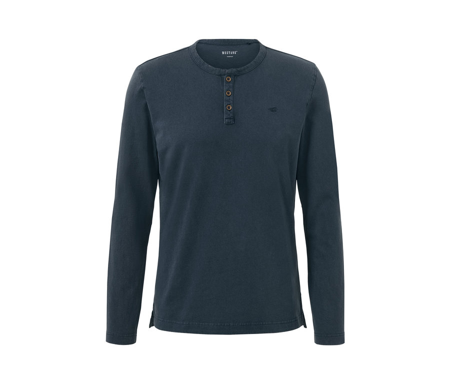 Tmavě modré triko henley Mustang s dlouhými rukávy a třemi knoflíčky.