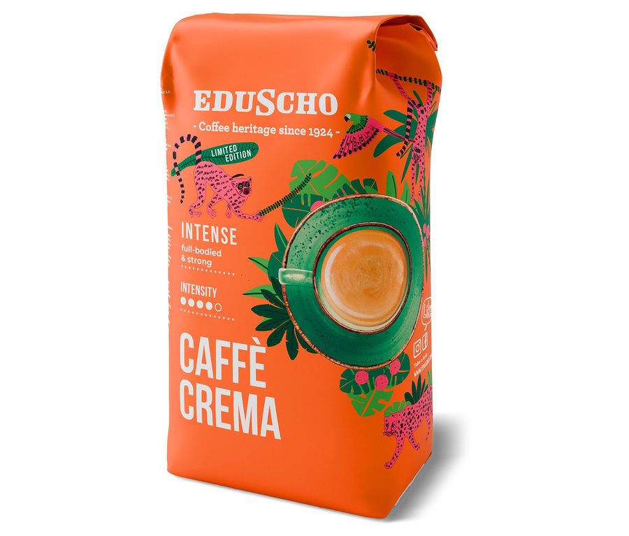 Oranžové balení zrnkové kávy Eduscho Caffè Crema Intense s obrázkem šelmy.