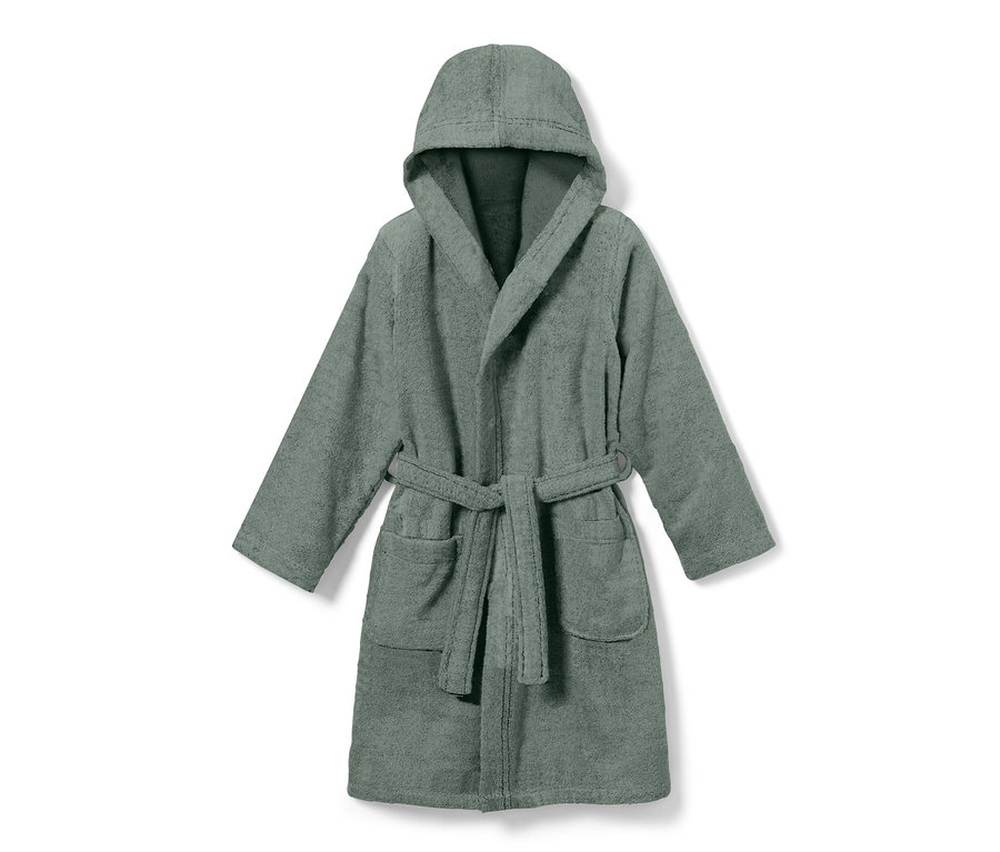 Zelený dětský župan s kapucí a páskem.