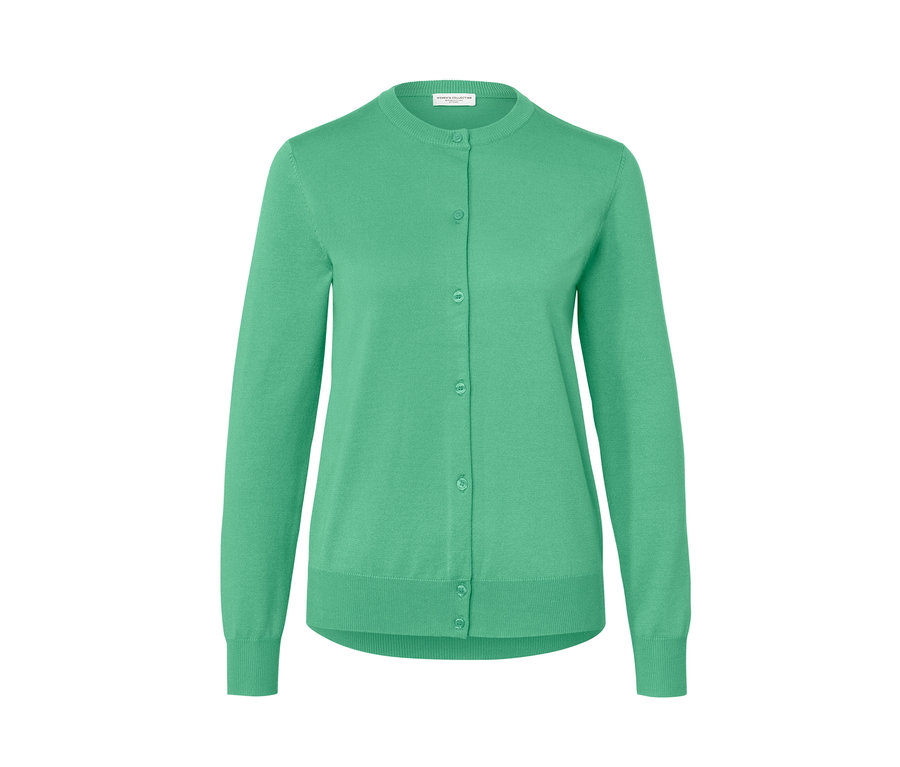 Zelený svetr z jemného úpletu s knoflíky.