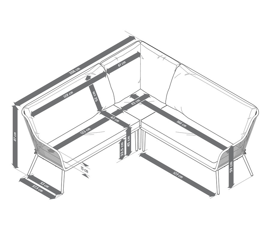 Nákres rohové sedací soupravy s textilním výpletem a rozměry.