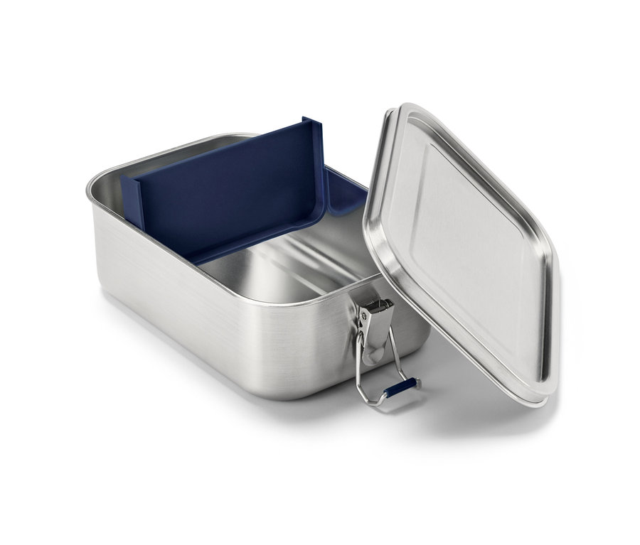 Otevřená cestovní dóza na svačinu z nerezové oceli s modrou přihrádkou.