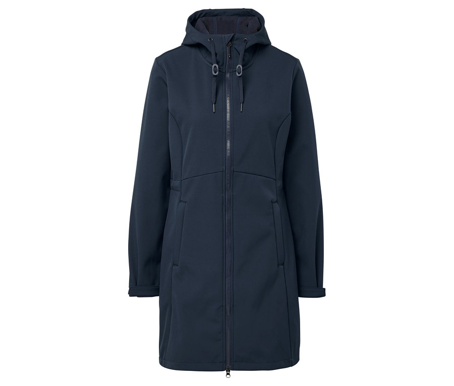 Tmavě modrý softshellový kabát s kapucí a zipem uprostřed.