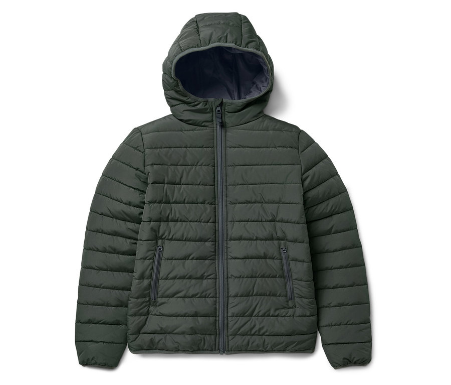 Zelená prošívaná bunda s kapucí na bílém pozadí.