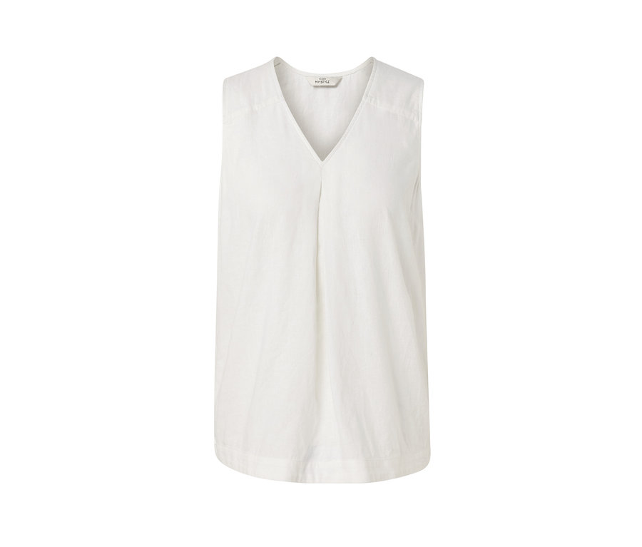 Bílá lněná halenka bez rukávů.