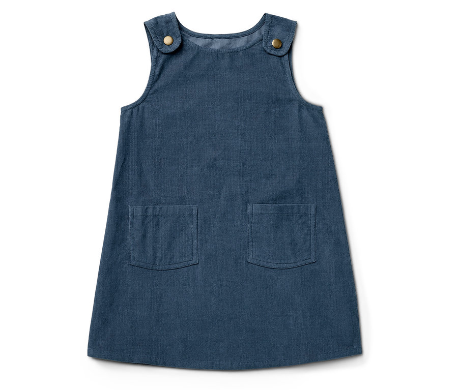 Modré manšestrové šaty s knoflíky a kapsami.