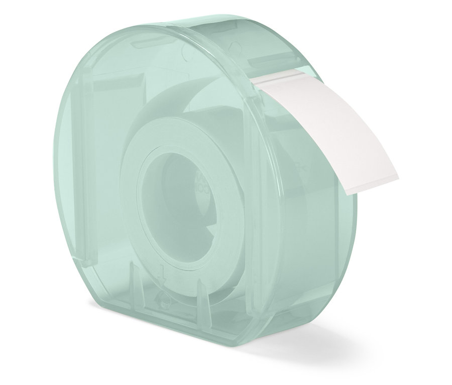 Průhledný modrozelený dávkovač s bílou lepicí páskou.