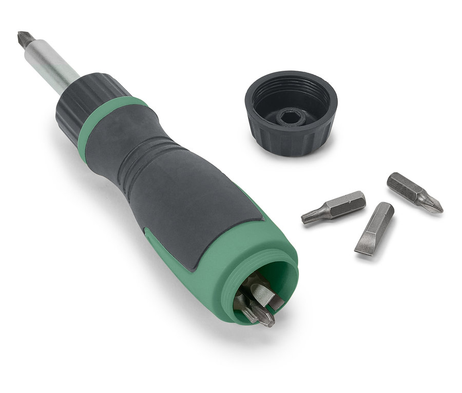 Magnetický ráčnový šroubovák s nástavci.