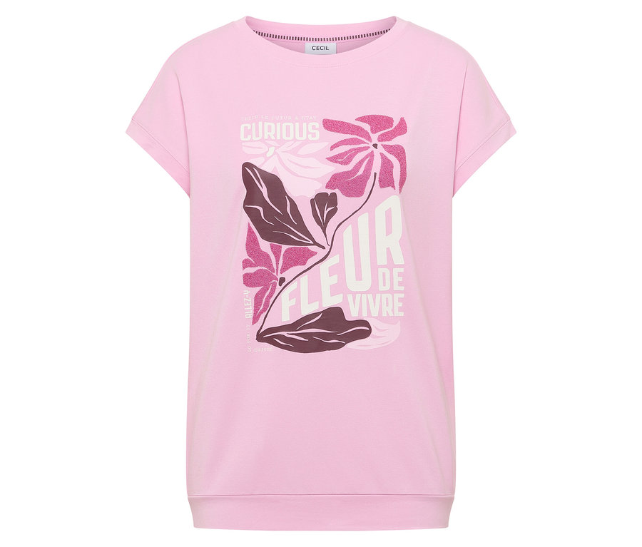 Růžové tričko Placement CECIL s květinovým vzorem leží na bílém pozadí.