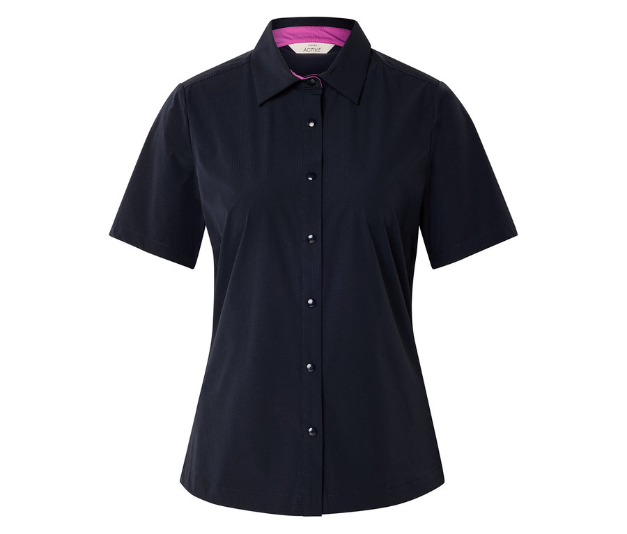 Tmavě modrá košile s krátkým rukávem, límcem a knoflíky.