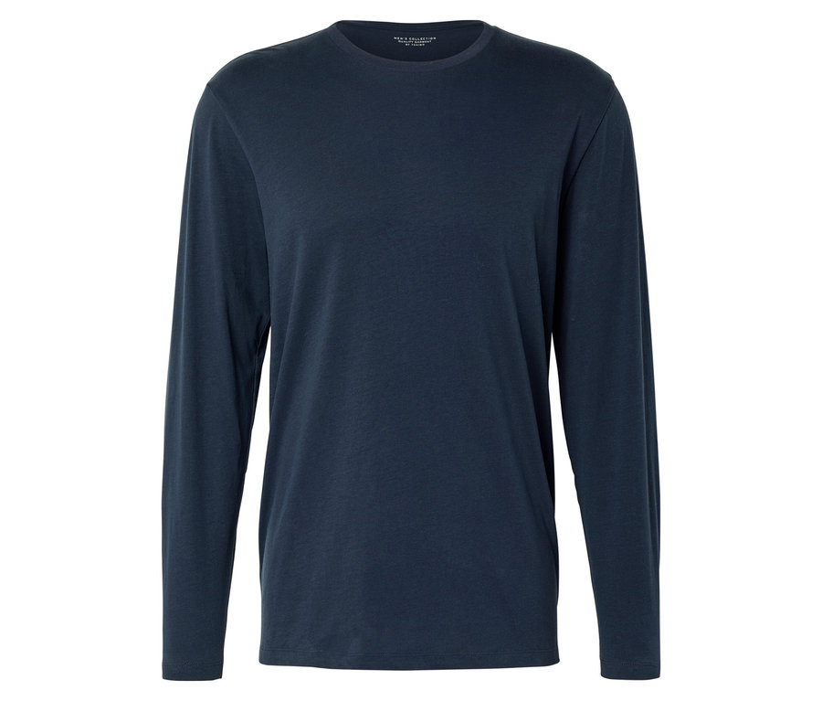 Tmavě modré tričko s dlouhým rukávem leží na bílém pozadí.