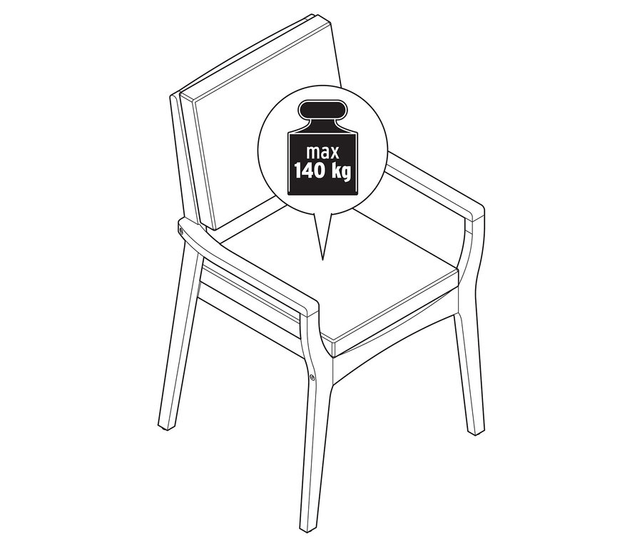 Pohled shora na schematickou stohovatelnou zahradní židli z teakového dřeva s uvedením hmotnosti.