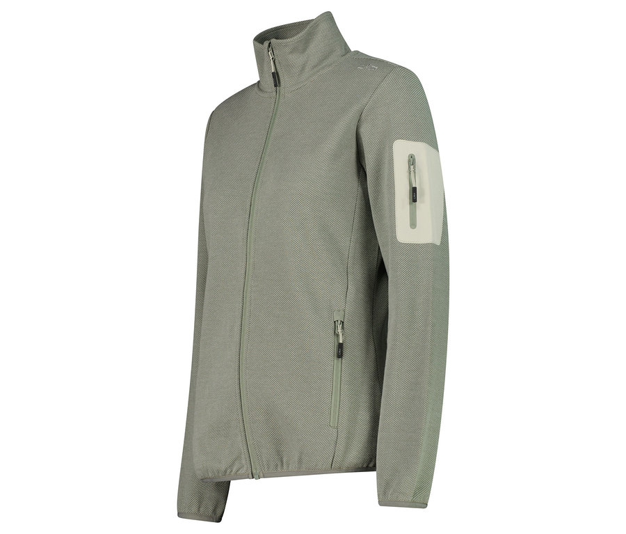 Světle zelená fleecová bunda se zipem a kapsou na levém rukávu.
