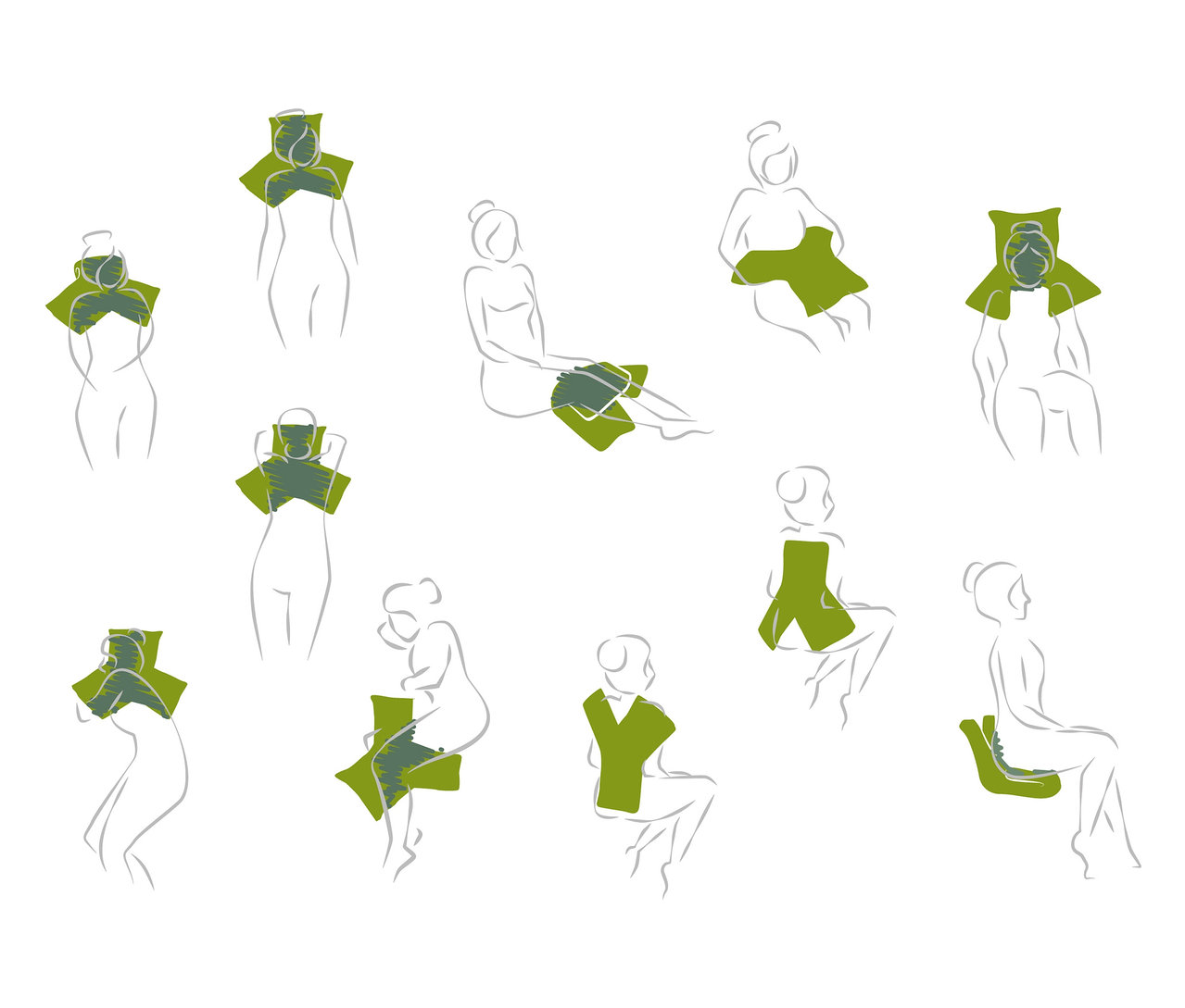 Nákresy ukazují, jak se multifunkční polštářek používá pro různé části těla.