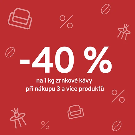 Červený obrázek s bílým textem: -40% na 1 kg zrnkové kávy při nákupu 3 a více produktů. Okolo jsou dekorativní ikony kávových zrn, pohovek a symbolů procent.