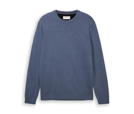 Pletený svetr Tom Tailor v barvě vinted indigo blue melange, ležící naplocho.