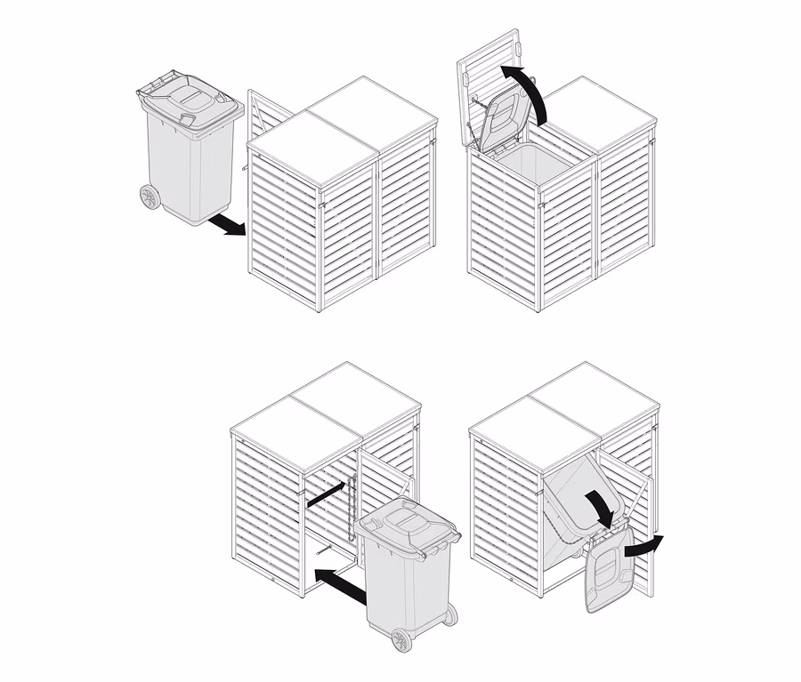 Návod ukazuje, jak se používá box na 2 popelnice s různými možnostmi instalace, 2x 240 l: zasunutí popelnice, otevření víka, vytažení popelnice a naklonění pro vyprázdnění.