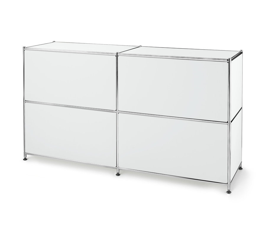 Bílá kovová odkládací skříňka se 2 přemístitelnými výklopnými dvířky.