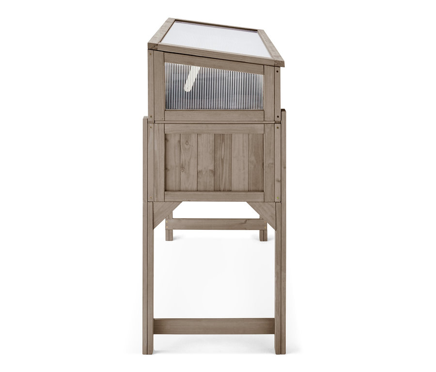 Boční pohled na vyvýšený záhon Jonte s odnímatelným skleníkovým nástavcem.