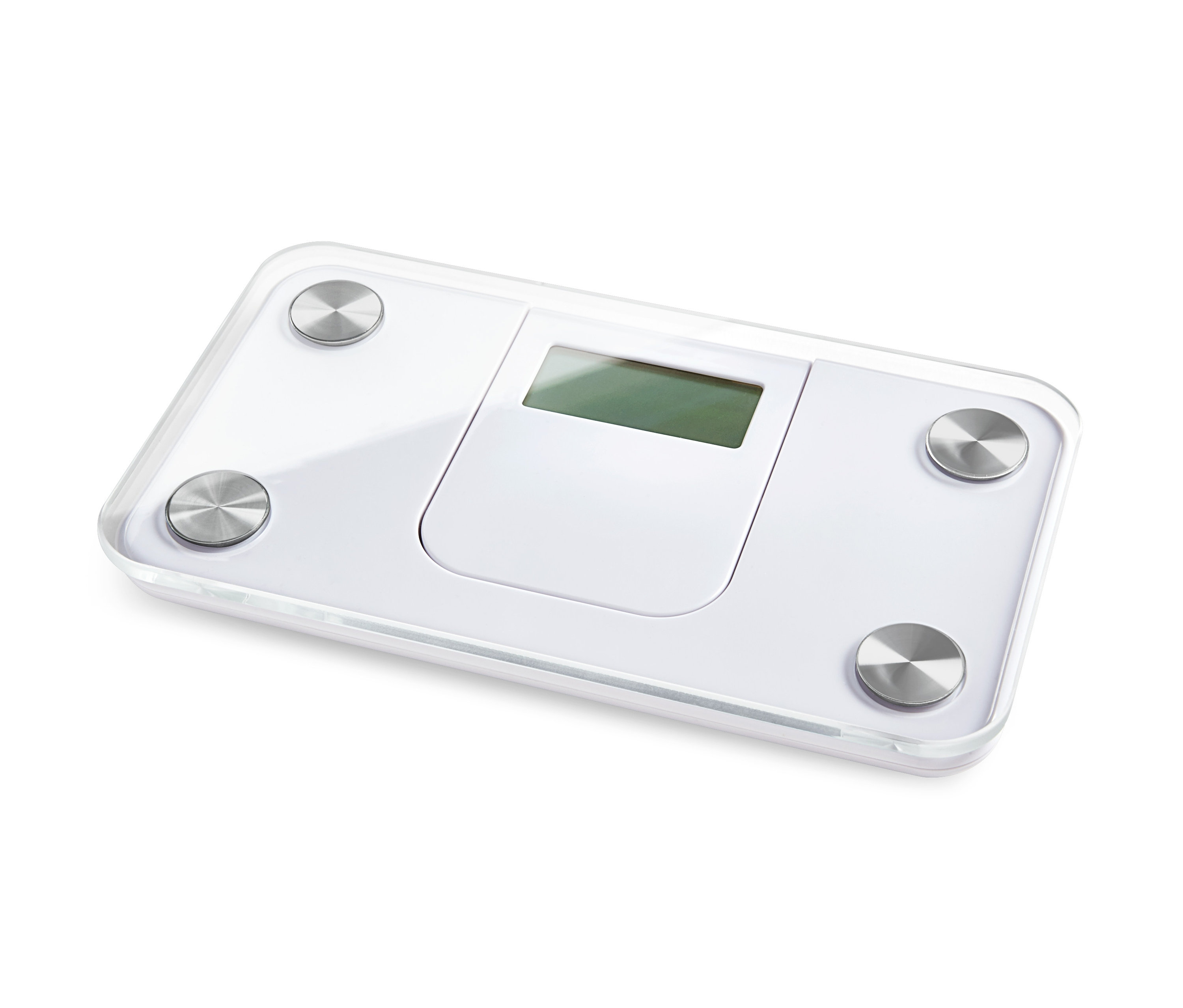 Bílá ultrakompaktní osobní váha s digitálním displejem a kovovými senzory v rozích.