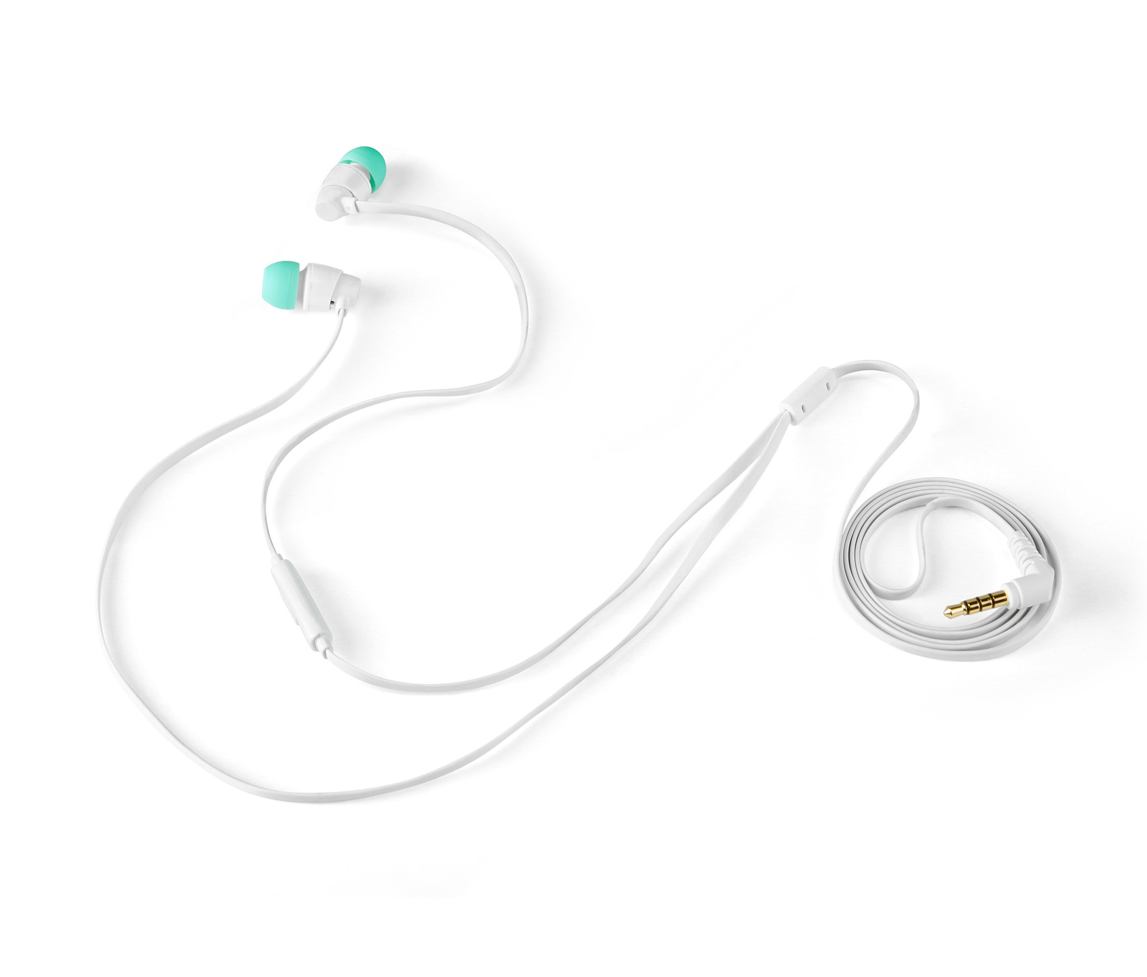 Bílá sluchátka do uší s tyrkysovými koncovkami na bílém pozadí.