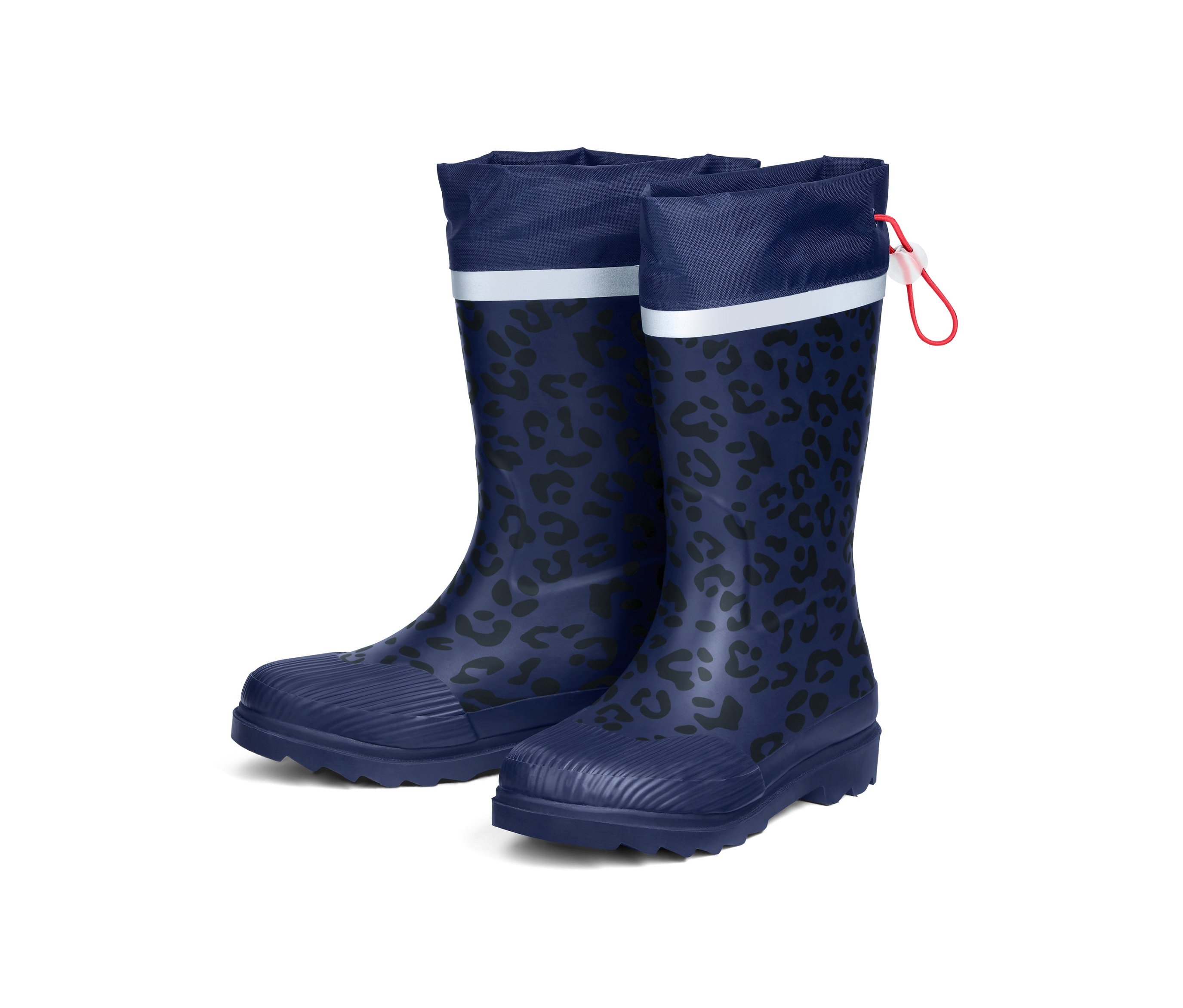 Tmavě modré holínky do deště s černým zvířecím potiskem a stahovací manžetou.