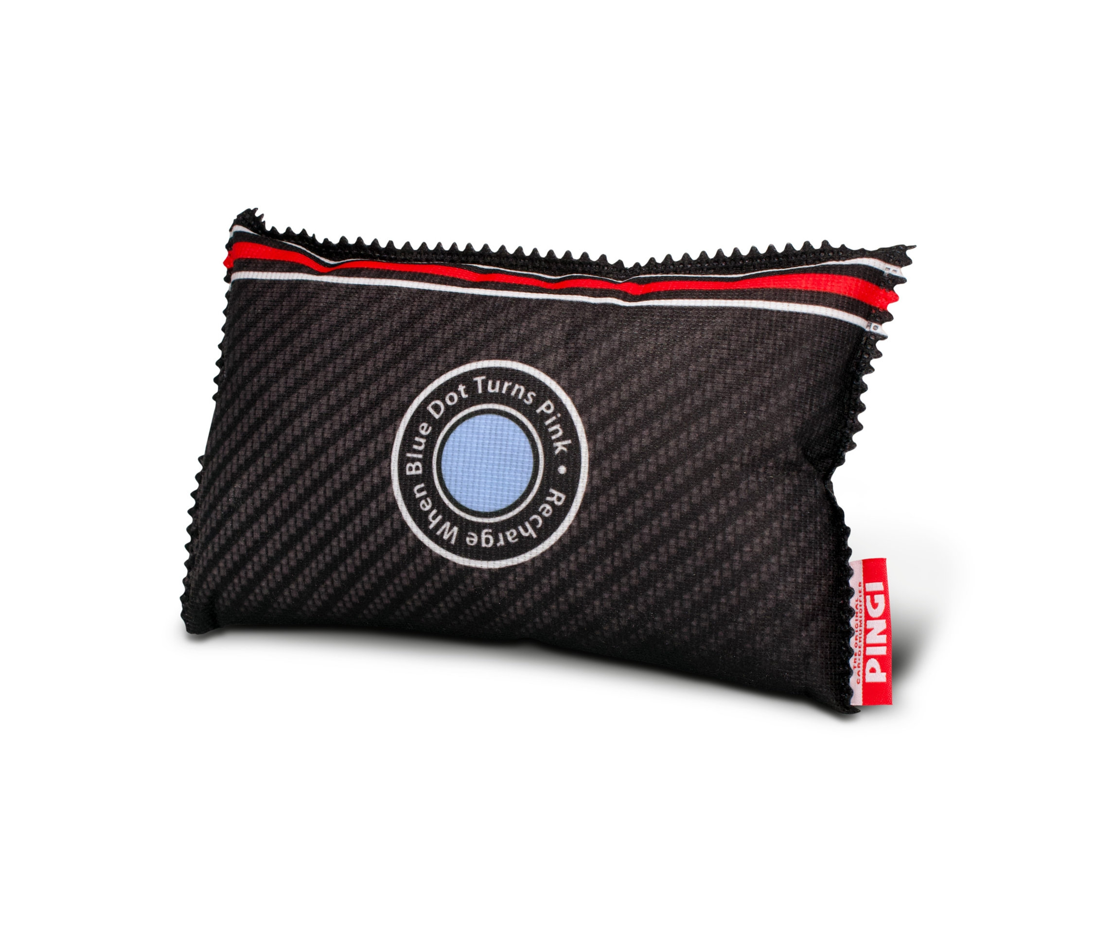 Černý odvlhčovací polštářek do auta Pingi s modrým indikátorem vlhkosti uprostřed.