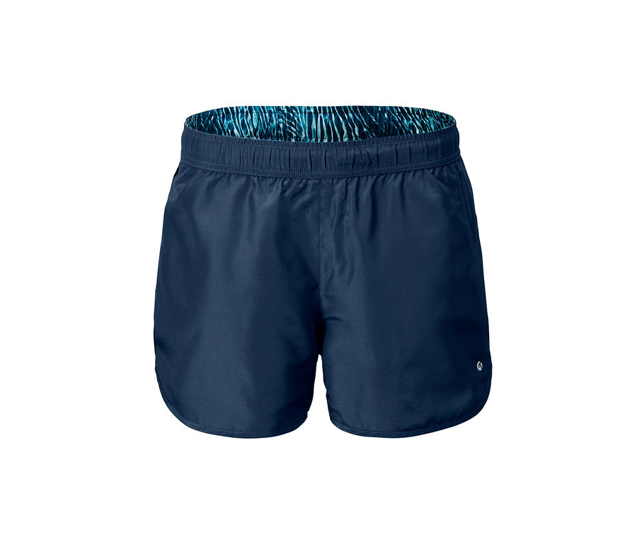 Tmavě modré koupací a běžecké šortky na bílém pozadí.